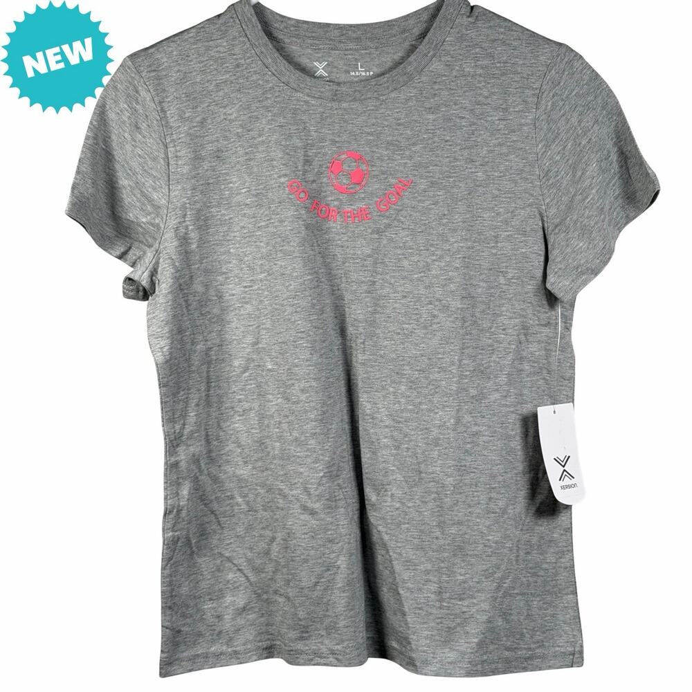Xersion T-Shirt Girls Size L 14/16 Graphic Tee Soccer Gray Pink Short Sleeve NEW
